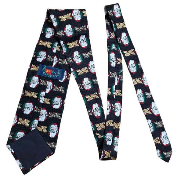 Vintage Christmas Santa Claus Face Silk Neck Tie Black Gold Holly Holiday Party - Picture 6 of 7